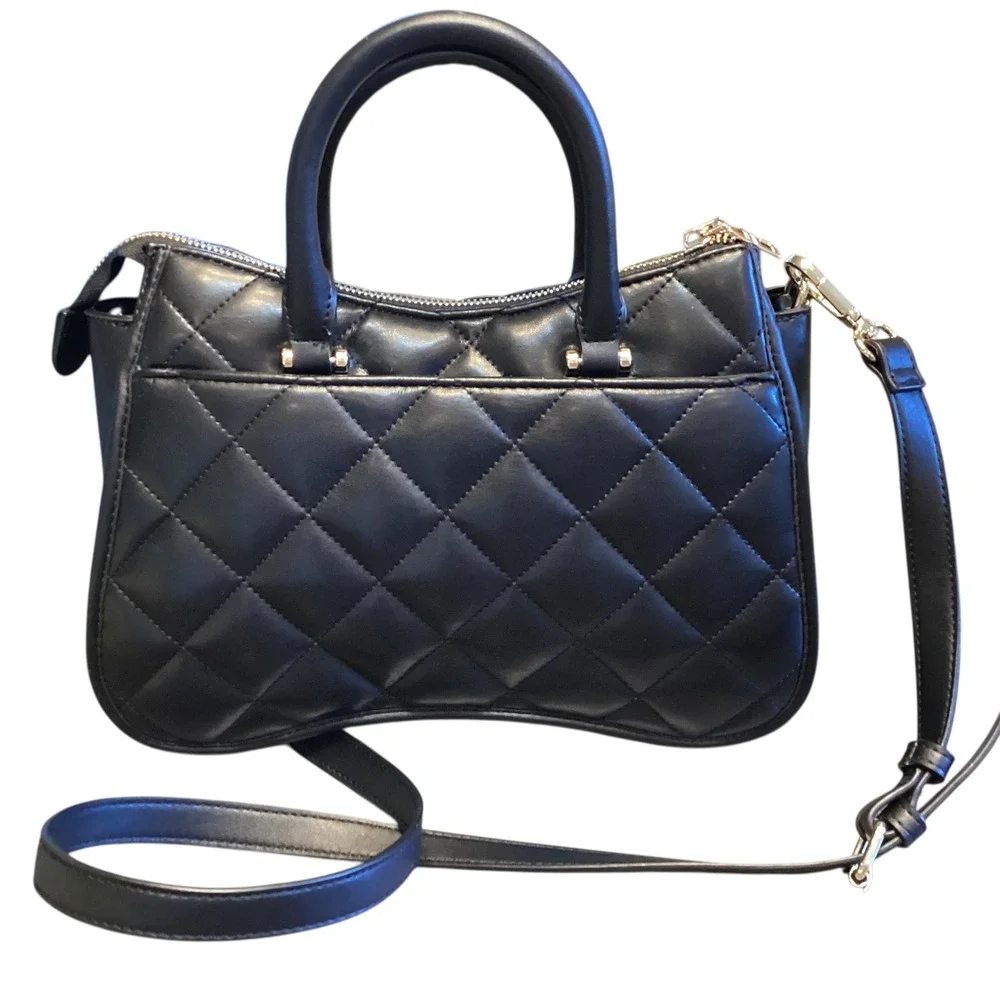 Steve Madden Sparrow Black Quilted Satchel Crossbody‎ Bag Gold Charm Chain New
